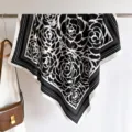 Exquisite black and white camellia pattern silk scarf, elegant detailed view for summer style. - RY-07