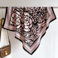 Chic pink and black camellia print square scarf, elegant imitation silk design for women. - RY-08