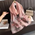 Elegant pink mulberry silk embroidered scarf shawl for women, luxurious floral design. - Pink