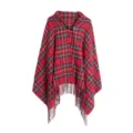 Rood geruite capuchoncape voor dames, warme tartan poncho met hoornknopen en franjeszoom. - Rood