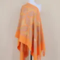Orange cashmere shawl with gold embroidery, floral paisley pattern and fringe, elegant style. - Orange