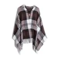 Dames herfst winter geruite poncho met capuchon en hoornknopen stijlvolle franje cape look. - koffiekleur