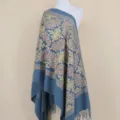 Blue paisley embroidered cashmere shawl detail, elegant warm winter scarf for women travel. - Navy Blue