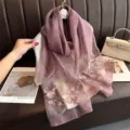 Exquisite silk embroidered scarf detail, elegant floral pattern, soft drape, autumn accessory. - Leather Pink