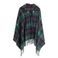 Klassieke ruitjes poncho met capuchon voor dames, herfst winter acryl omslagdoek met franjes. - Groen