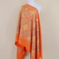 Orange cashmere shawl with gold embroidery, elegant floral pattern, warm winter scarf for women. - Orange