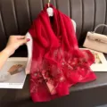 Red silk embroidered scarf for women, elegant floral silk shawl and wrap for spring and autumn. - Burgundy