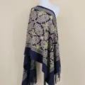 Navy blue gold embroidered floral cashmere shawl scarf for women winter warm wrap detail - Aqua