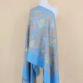 Light blue gold embroidered cashmere feel shawl scarf, elegant floral pattern travel warm wrap. - Sky Blue