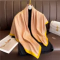 Elegant 90cm imitation silk square scarf with geometric print and vibrant yellow border. - RY-18