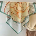 Retro artistic floral print square scarf with green border, elegant women's silk accessory. - Sketch Camellia-Blue