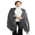 Close-up detail of soft solid color dark grey winter tassel shawl fabric and fringes. - Dark Gray (006)
