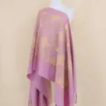 Elegant pink cashmere shawl with gold embroidery floral pattern and fringe design for women. - Light Purple