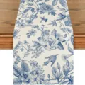 Blue and white floral linen table runner, vintage bird botanical print for dining table decor. - 33*180cm / Style 2