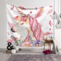 Skandinavischer Aquarell Einhorn Wandbehang Detailansicht für Schlafzimmer Dekoration. - Stil 2 (Zitrone & Barockrollen) / 95x73cm (Gebürstet)