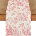 Pink floral table runner linen botanical bird print dining table decor for home party festival. - 33*180cm / Style 3