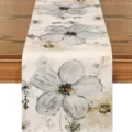 Linen table runner with grey floral print, elegant dining table decor for spring and summer. - Style 5 / 33*183cm