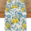 Elegant Mediterranean style table runner with yellow lemons and blue baroque floral patterns for home. - Style 4 Table Runner / 33*180cm