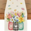 Spring floral linen table runner, colorful watercolor mason jar design for home party decor. - Style 6 / 33*183cm