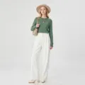 Detailansicht des langärmeligen Damen Pullovers mit Rundhalsausschnitt für Herbst und Winter. - S / Dunkelgrün
