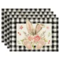 Set of 4 Easter bunny placemats with black white buffalo plaid border and watercolor floral design. - Style 3 Placemat