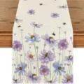 Spring summer floral linen table runner purple flowers and bees dining table decoration - Style 8 / 33*183cm