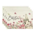 Paashaas linnen placemat variant, decoratieve tafelmat voor feestelijke maaltijden en keuken. - 4-delige set / Stijl 12 (HAPPY EASTER)