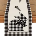 Black and white buffalo plaid table runner with cute rabbit and carrot pattern for dining room. - Style 4 Table Runner