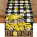 Spring lemon linen table runner with vintage truck and black white plaid design for home decor. - Style 11 Placemat / 30*45cm