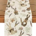 Vintage Easter table runner linen fabric cute bunny eggs carrots rustic table decor for dining - Style 7 Table Runner