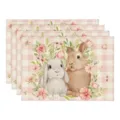 Pasen konijn linnen placemat set, roze geruite bloemige tafelmat voor eetkamer decoratie. - 4-delige set / Stijl 19