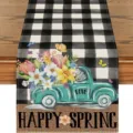 Buffalo plaid spring table runner with vintage truck and flowers for home decor - Style 8 Table Runner