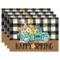Spring buffalo plaid table placemats set of 4 with vintage truck and spring flowers decor. - Style 8 Placemat
