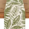 Green botanical print linen table runner for home dining room and party decoration. - Style 20 / 33*183cm