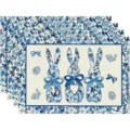 Blauwe bloemige paashaas linnen placemat set decoratieve tafelmat voor eetkamer. - 4-delige set / Stijl 30