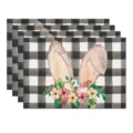Paashaas oren buffelruit placemats set aquarel bloemen eieren linnen tafelmat decoratie - 4-delige set / Stijl 44