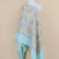 Light blue gold thread embroidered floral scarf detail, elegant cashmere shawl design. - Teal