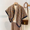 Detailed vintage floral print square scarf with dark blue border for travel and daily wear. - Red Daisy
