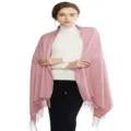 Pink tassel cashmere-feel shawl detail view, soft autumn winter wrap texture close-up. - Pink (008)