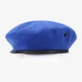 Blue wool felt beret hat with black leather trim and small metal eyelet. Military style. - L (58-60cm) / Royal Blue (Solid)