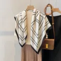 Retro geometric square scarf for women, elegant black and white silk feel scarf for travel. - Geometric Letters-White