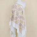 White cashmere scarf with gold floral embroidery, elegant warm winter shawl for women. - 099