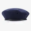 Dark blue wool beret hat with black leather brim band and side metal eyelet for performance. - L (58-60cm) / Navy Blue (Solid)