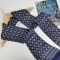 Detailed view of luxury vintage geometric patterned navy blue silk neck scarf for men. - Blue, Yellow & White Check Pattern