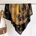 Elegant black and gold celestial silk square scarf, luxury vintage print shawl for women. - RY-21