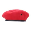 Red woolen beret hat with leather brim and eyelet, stylish military style for performance. - L (58-60cm) / Bright Red (Solid)
