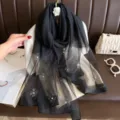 Black sheer silk-blend scarf with sparkling rhinestone beading and pearl clover motifs, elegant women shawl. - 190*70 / Black