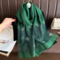 Green silk blend scarf for women, elegant pearl beaded four leaf clover pattern shawl wrap. - 190*70 / Green