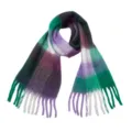 Close-up of a soft and cozy green purple plaid scarf with stylish fringe details. - Green-Purple