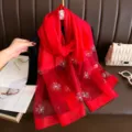 Red imitation silk scarf detail, featuring pearl clover prints for stylish daily wear. - 190*70 / Red